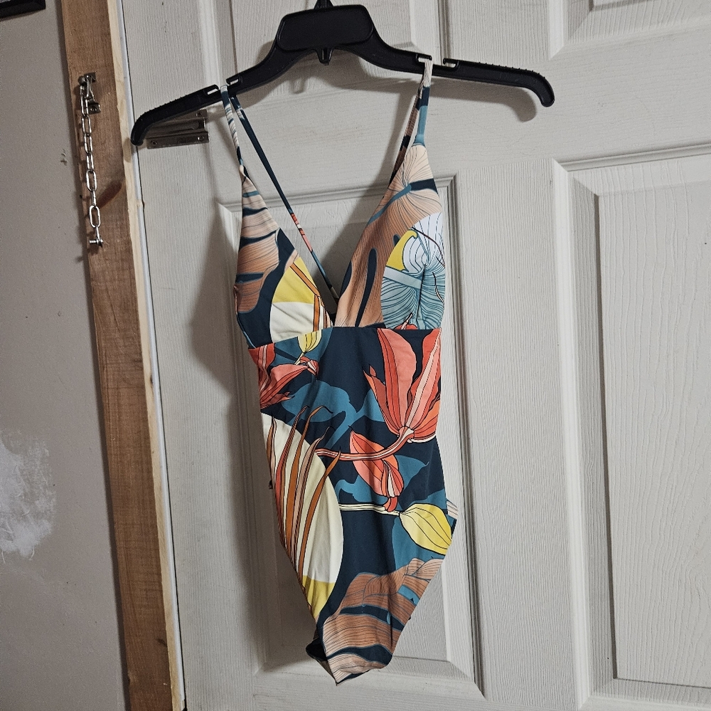 CALIA Swim Triangle Strappy Back One Piece: BOTANICAL PRINT SEA GREEN: NWT:SZ 10
